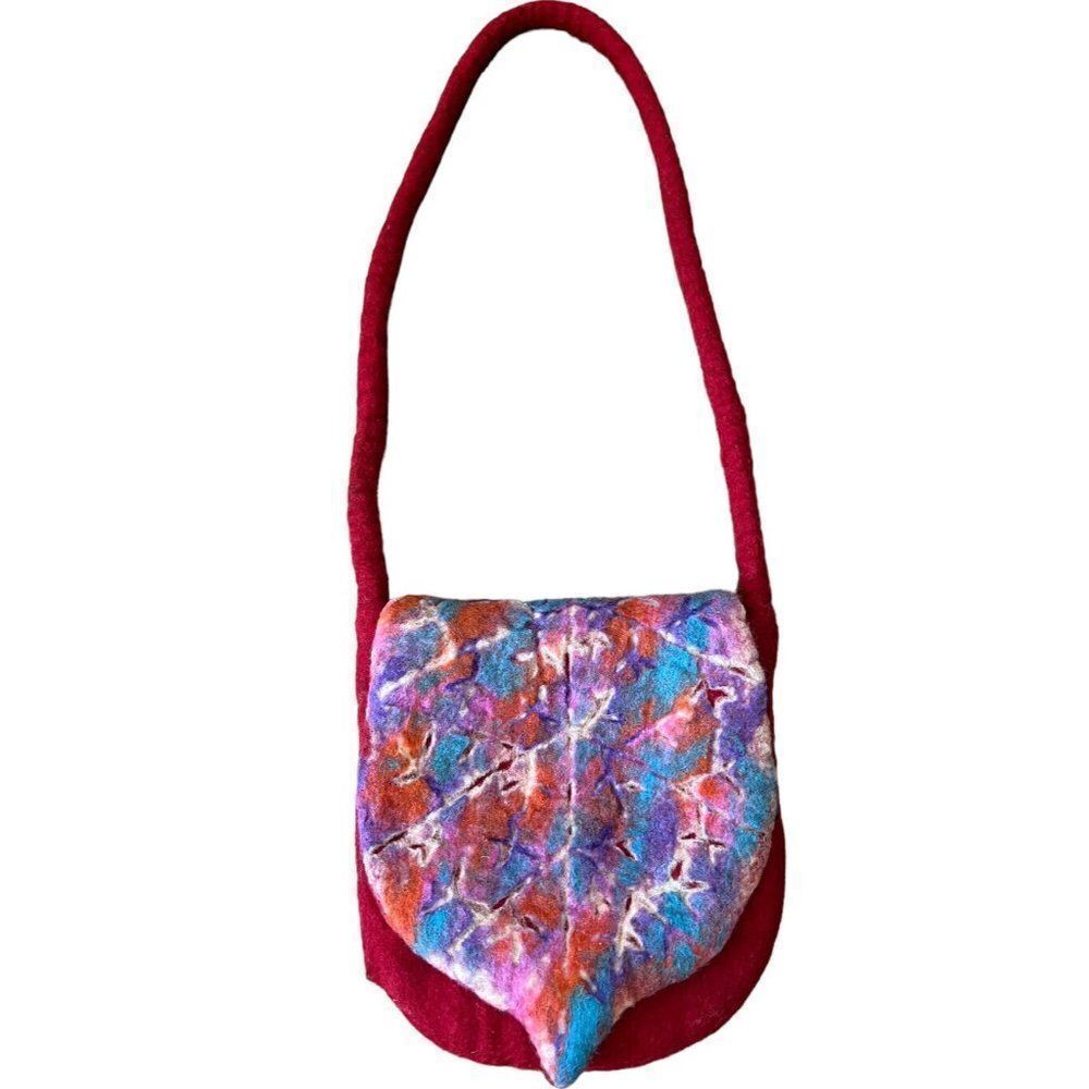 Vtg Red Purple Felt Wool Crossbody Purse Bag Boho Ethnic Hippy Colorful Unique